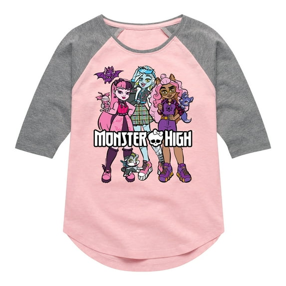 Monster High - Group With Pets - Toddler And Youth Girls Raglan Graphic T-Shirt