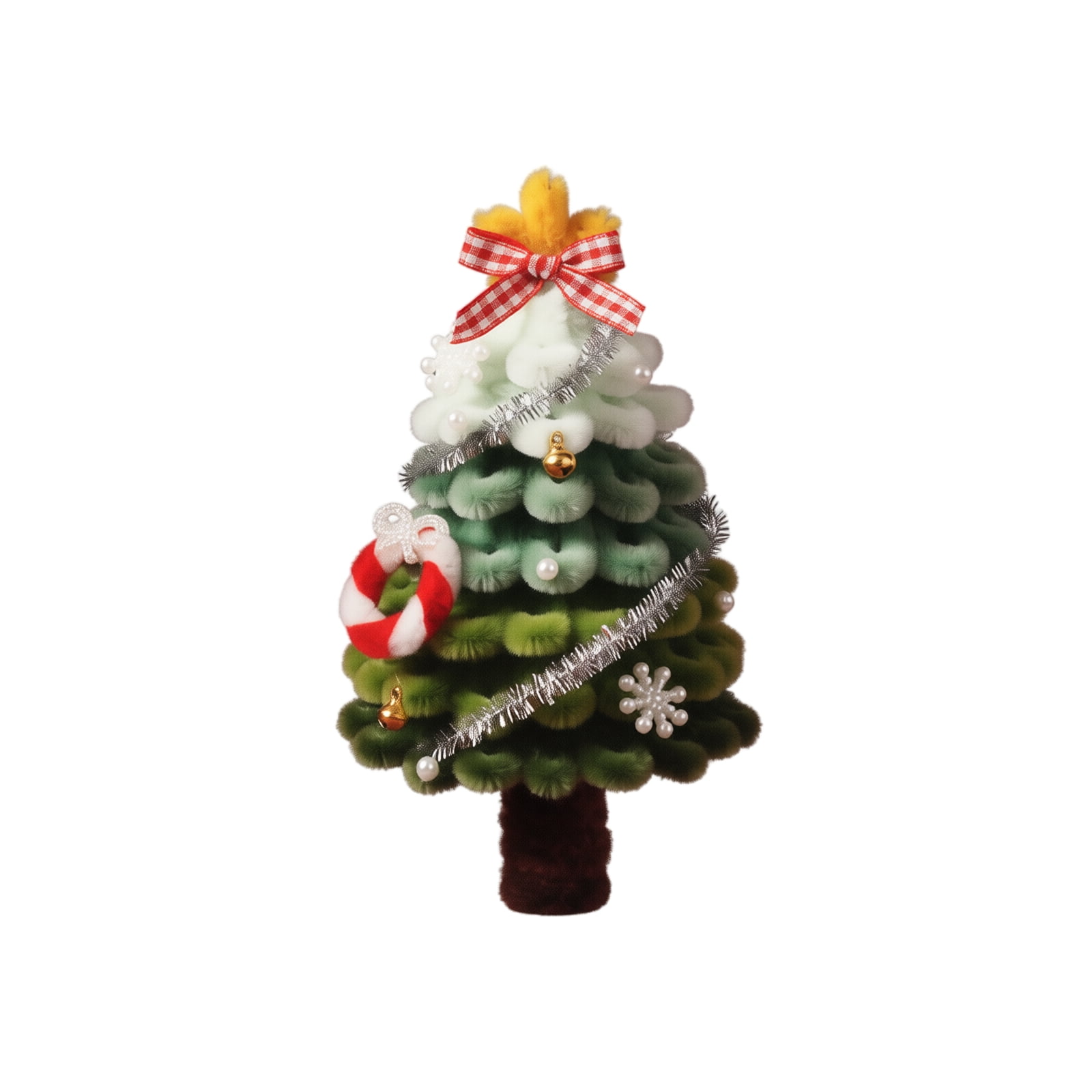 Diy Christmas Tree Kit with Ornament Cleaners and Wooden Base Mini Tabletop Size Green and White Gradient with Festive Ornaments for Student and Adults Christmas Decoration