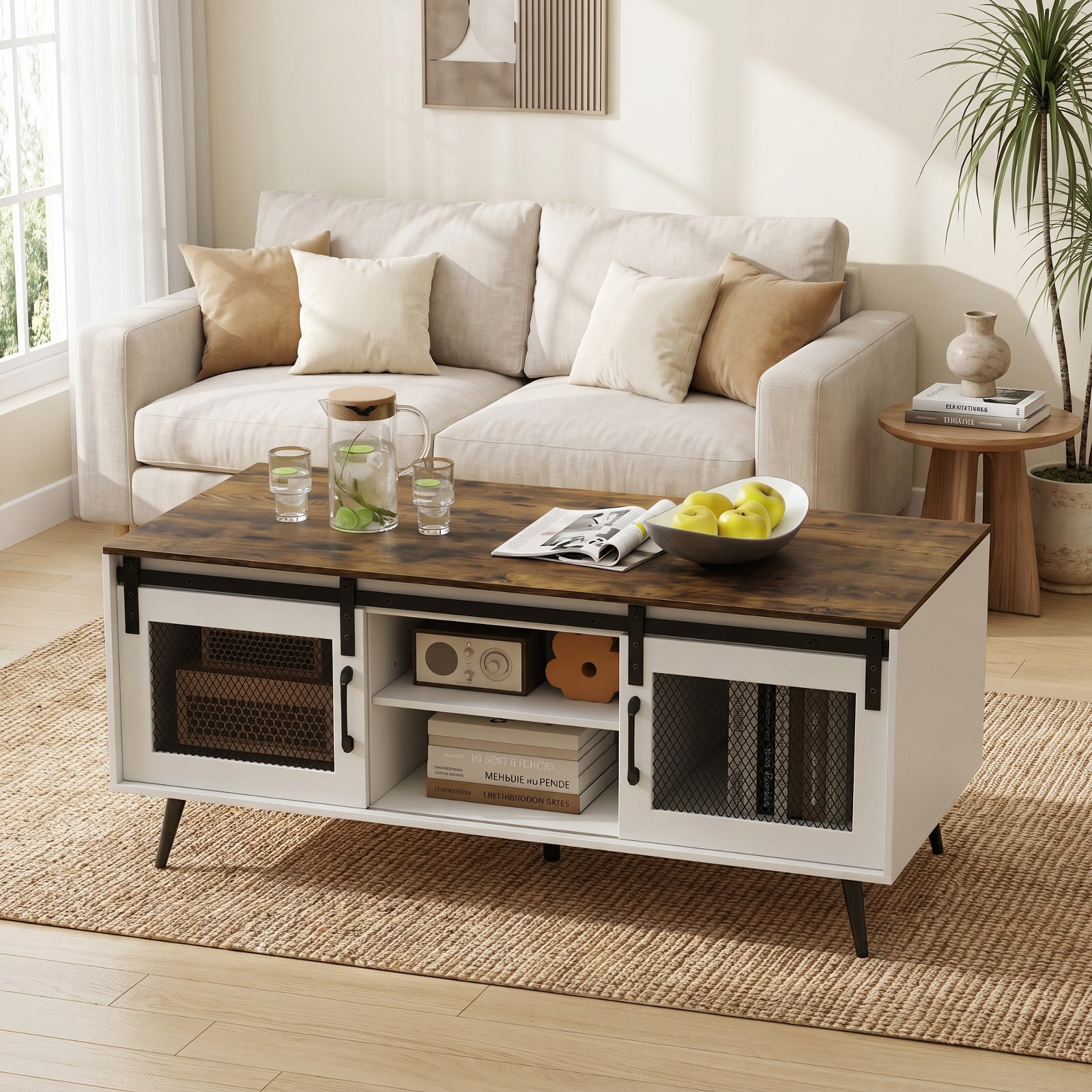 Furnibear 48 Inch Farmhouse Coffee Table with Sliding Mesh Doors Adjustable Shelf and Two Cabinets for Living Room, Rustic Brown
