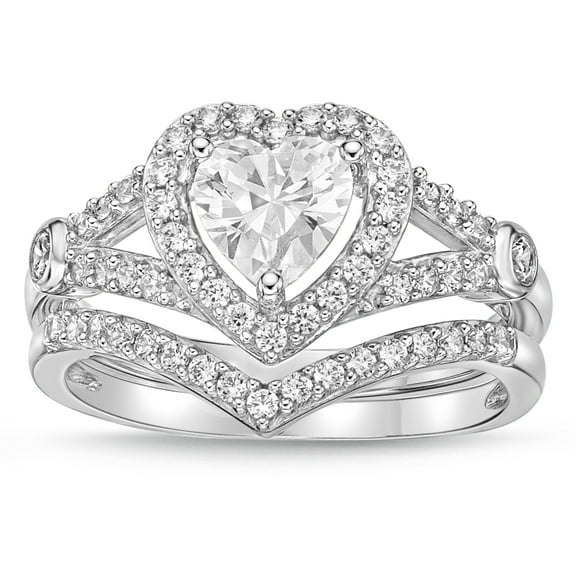 Sterling Silver Heart shape with Halo Simulated Diamond Bridal Set Rings