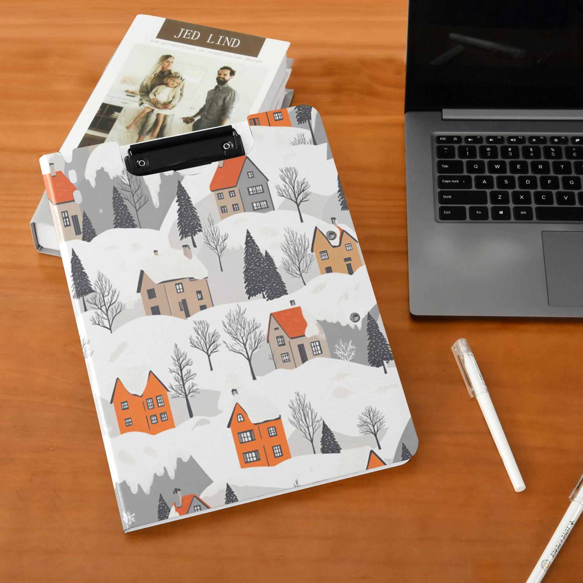 FORMRS A4 Clipboard Folder with Pen Holder Horizontal Foldable School Office Binder, Beige Snow Houses