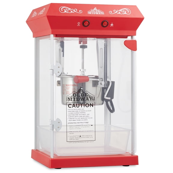 Olde Midway Tabletop Popcorn Machine with 6-oz Stainless Steel Kettle - Red, Warming Function & Accessories