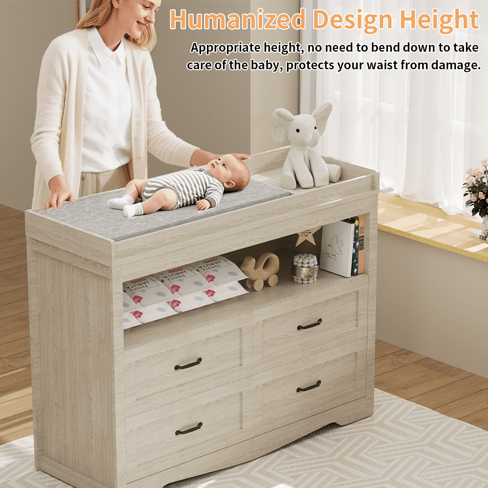 Baby Changing Table Dresser Nursery Chest with Storage-Infant & Toddler, 4 Drawers and Open Storage Space, Beige