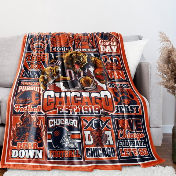 Football Bear Throw Blanket, Orange and Navy Sports Graphic Blanket, Game Day Decorative Throw for Couch, Bed, Sofa, Bedroom and Sports Fans, 60" x 50"