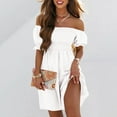 thumbnail image 5 of Fartey Womens Off The Shoulder Summer Dresses 2025 Ruffle Short Sleeve Dress Loose Flowy Smocked Tiered Swing Sundress Elastic Waist A-Line Casual Mini Dress, 5 of 7