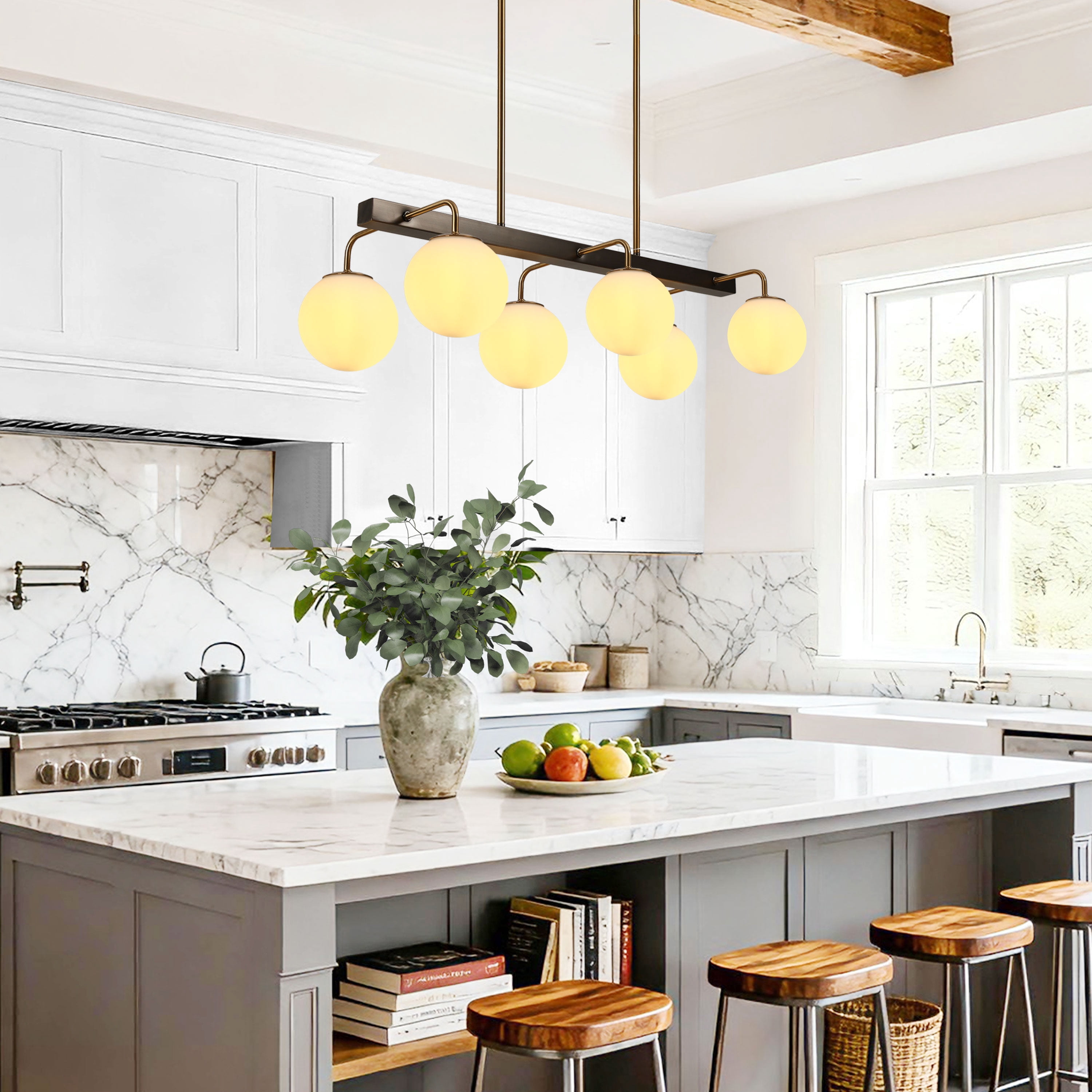LNC Aladarimostinin 6 -Light Polished Brass and Brushed Black Modern/contemporary Opal glass Linear Large Hanging Kitchen Island Light