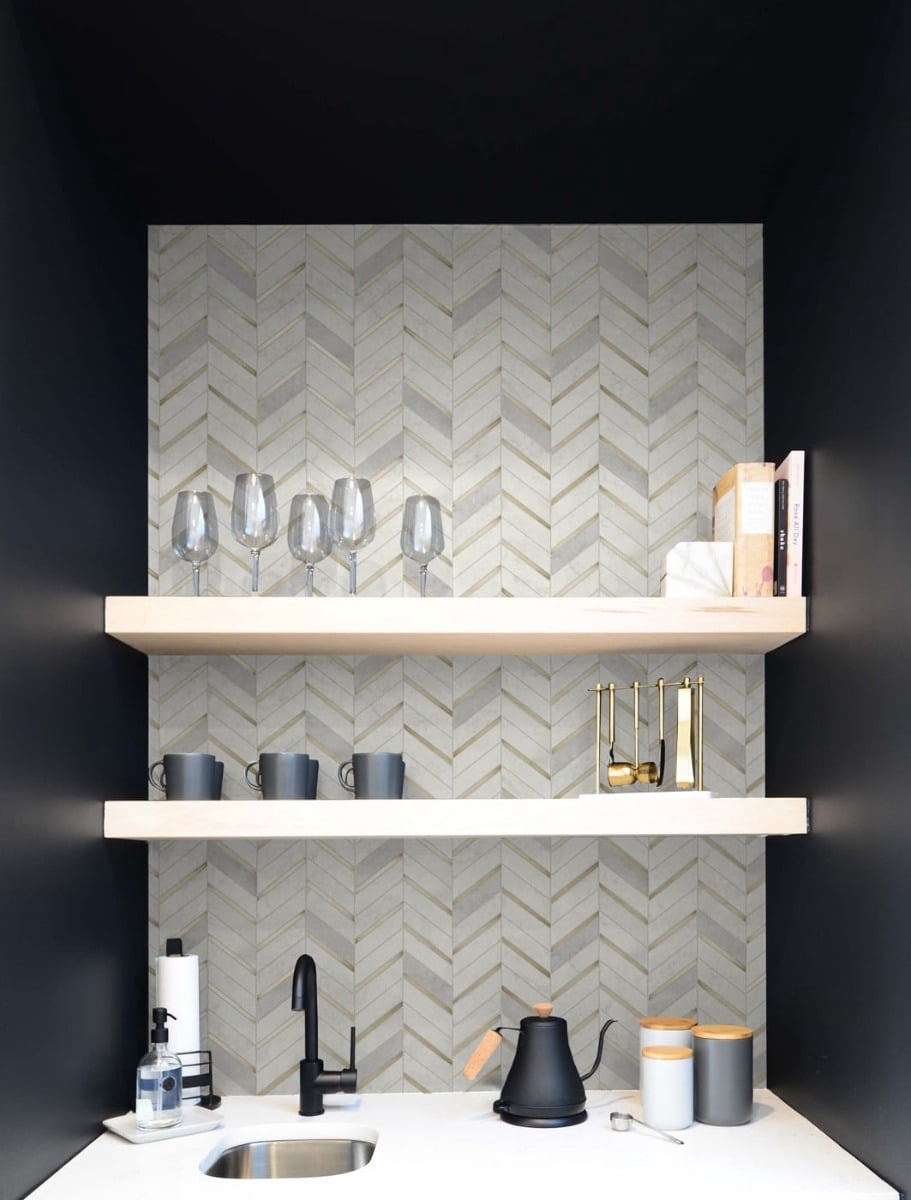 NextWall Metallic Gold & Pearl Gray Chevron Marble Tile Peel and Stick Wallpaper
