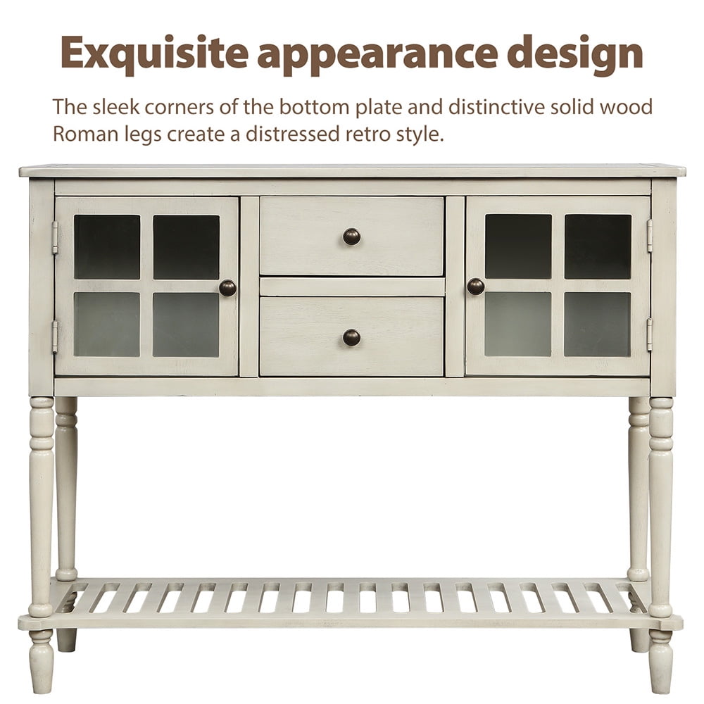Lowestbest Sideboard Console Table, Farmhouse Wood Storage Cabinet with Glass Bottom Shelf, Entryway Accent Sofa Table for Living Room