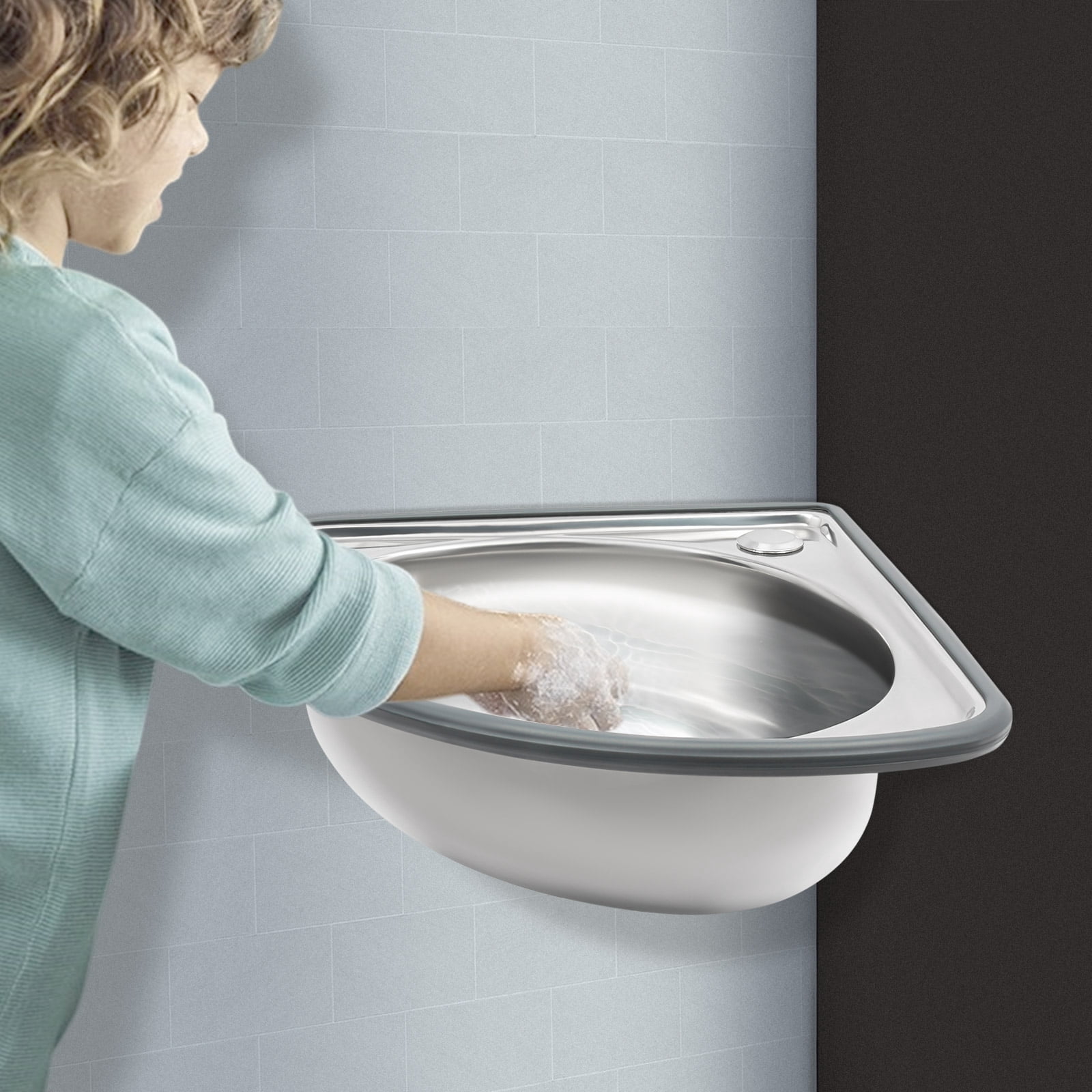 Modern Stainless Steel Small Wall Mount Corner Bathroom Sink W/Overflow Triangle for Homes, Restaurants
