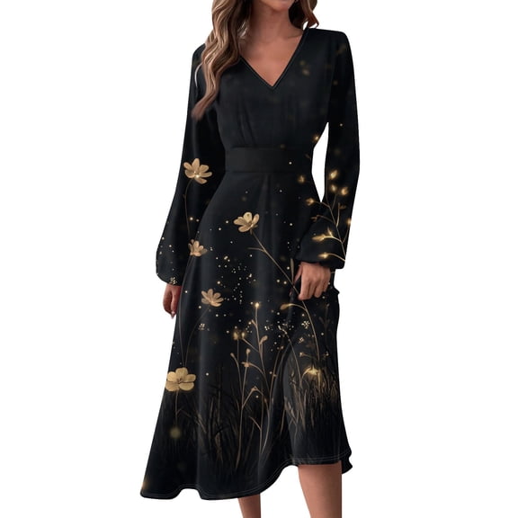 Women's Autumn Winter Casual Fashion V-Neck Long-sleeved Floral Print Long Dress, Black, Size L