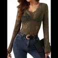 thumbnail image 2 of Blusa de de Encaje para Mujer, Larga, Cuello en V, Transparente, con Encaje Floral. Verde L, 2 of 7