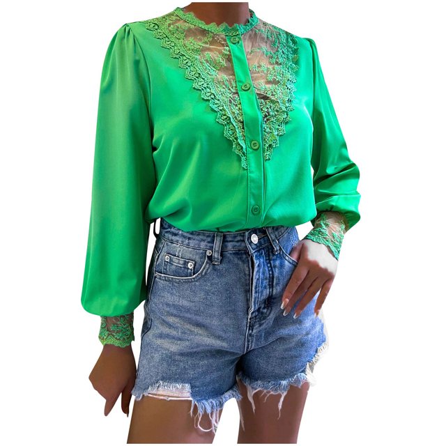 CEHVOM Women's Fall Fashion Lace Shirts Lantern Sleeves Single Breasted Tops Clearance