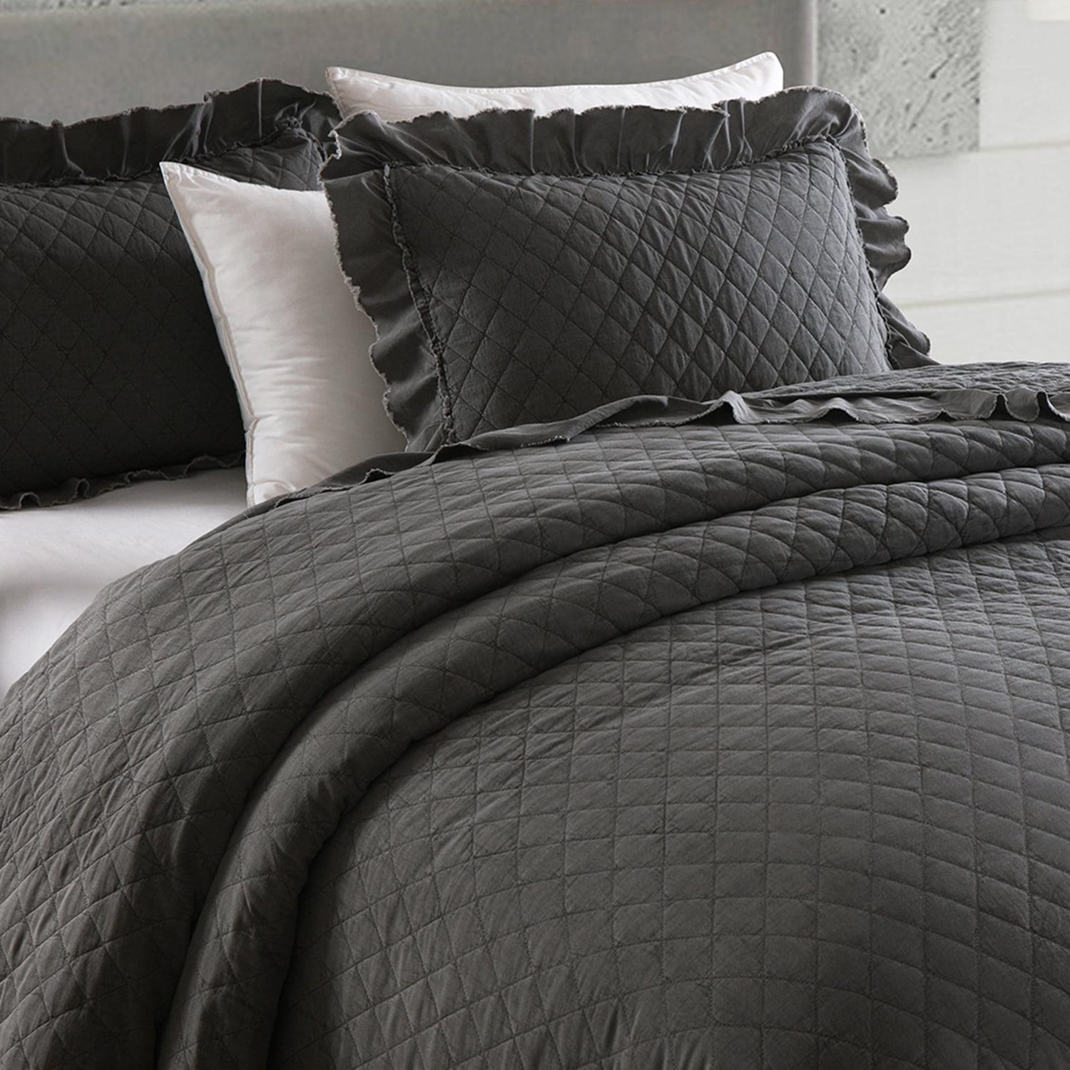 JML 3 Piece Quilt Set Queen,Stone Washed Microfiber Bedspread Coverlet,Dark Grey 88"x92"