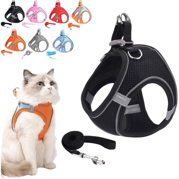 Harnais Stimuli pour Chats d'Extérieur, Harnais Réglable en Maille Douce avec Bandes de Sécurité Réfléchissantes, Permettant aux Chats d'Être en Sécurité et Sans Stress (Noir, m (Recommandé 10-18 catties))
