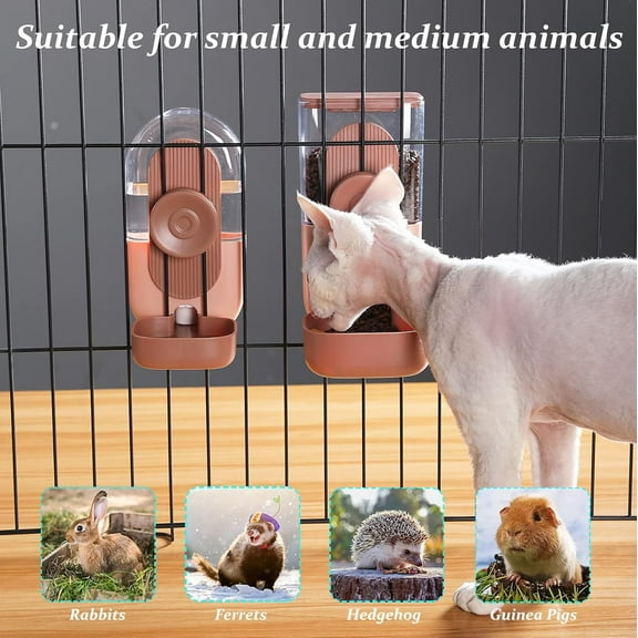 Puseky 2Pcs Hanging Food Water Dispenser, Automatic Gravity Pet Feeders and Waterers for Cats, Dogs, Rabbit, Pink Cage Food Bowl
