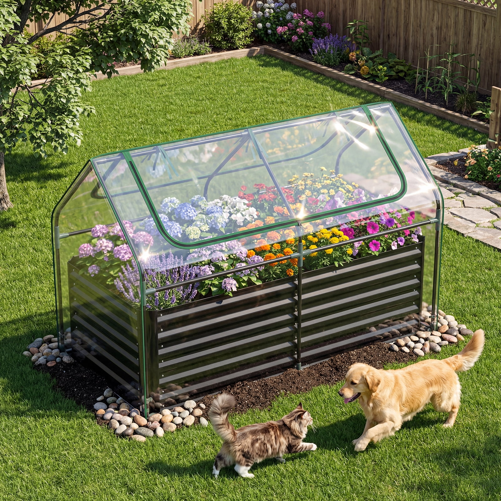 Gymax Raised Garden Bed w/ Cover 68'' x 33'' x 21'' Planter Box w/ Mini Greenhouse Black & Clear