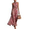 thumbnail image 5 of BODOAO Maxi Dresses for Women Floral Halter Neck Sleeveless Chiffon Pleated Long Dress, Flowy Summer Wedding Guest Outfit for Beach Vacation and Special Events Pink 3XL, 5 of 7