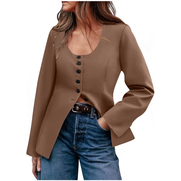 Womens Casual Jacket Solid-Color U-Neck Long Sleeve Open Hem Coats Button Front Blazer Stylish and Sophisticated for Everyday Commuting