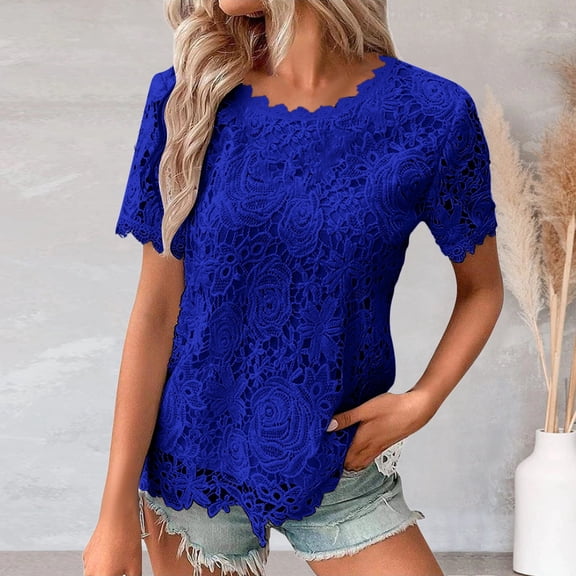 TYGHBN Women's Lace Top Crochet Crew Neck Short Sleeve Fashion Summer Loose Tee Casual T Shirt Womens Long Sleeve Tops Polyester Workout Shirts Loose Womens Long Sleeve Compression Shirt Womens Short