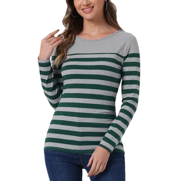BLUSA CHIC para Mujeres Inspire, de Rayas, Color Block, de Manga Larga, Camiseta Casual, XS, Verde Oscuro y Gris