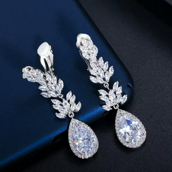 Silver Plated No Hole Design Long Drop CZ Clip On Earrings for Non Pierced Ears