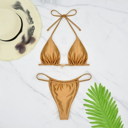 Odbmxy Womens Bathing Suits 2 Piece Triangle Halter Swimsuit for Women Bikini Plain Beach High Cut Swimwear Yellow M