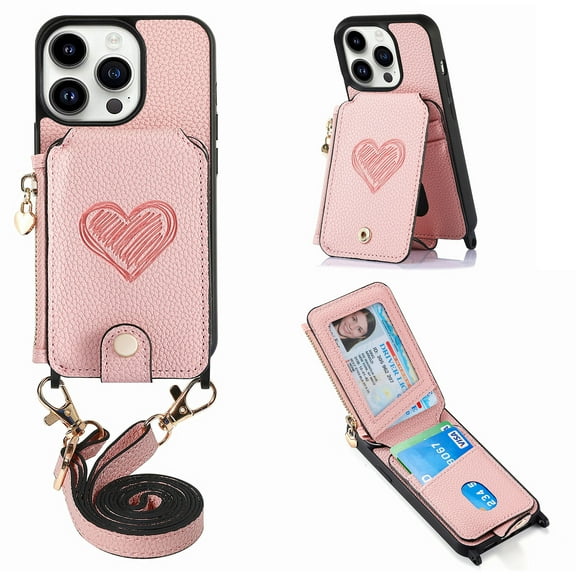 Compatible with iPhone 13 Pro Case Wallet, with Credit Card Holder Zipper Pocket Crossbody Strap Heart Pattern PU Leather Magnetic Clasp Kickstand Heavy Duty Protective Flip Cover, Pink