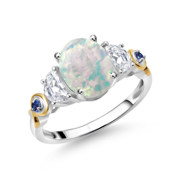 Gem Stone King 925 Silver and 10K Yellow Gold 3-Stone Ring Oval Cabochon White Simulated Opal and Moissanite (1.50 Cttw, Size 9)