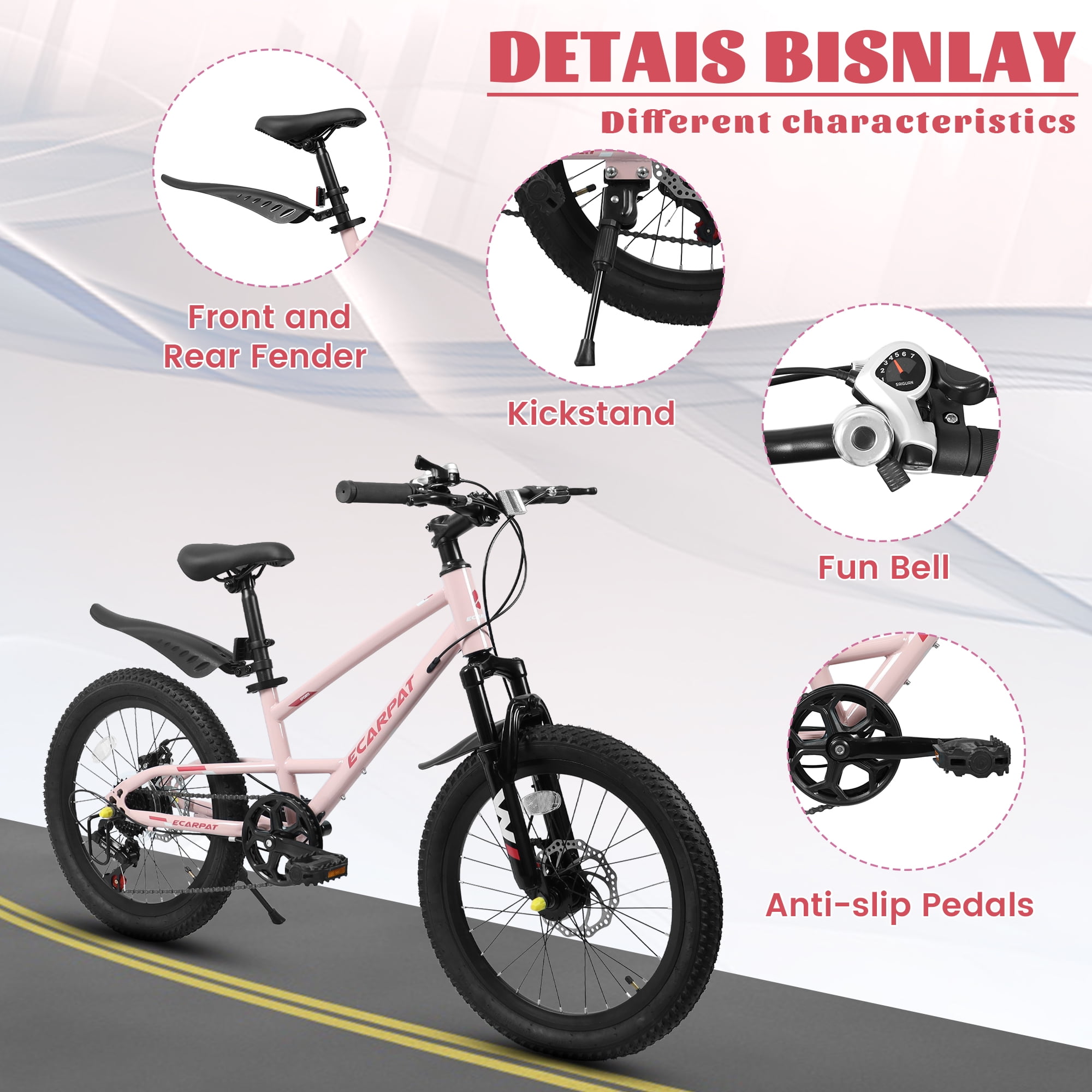 POVANLI 20" Kids Mountain Bike for 5-8yr or 4'-4'8" Boys & Girls with 7-Speed, Front Suspension, Dual Disc Brakes and Fender, Lightweight Steel Frame Bicycle, 85% assembled for Children's Gift (Pink)