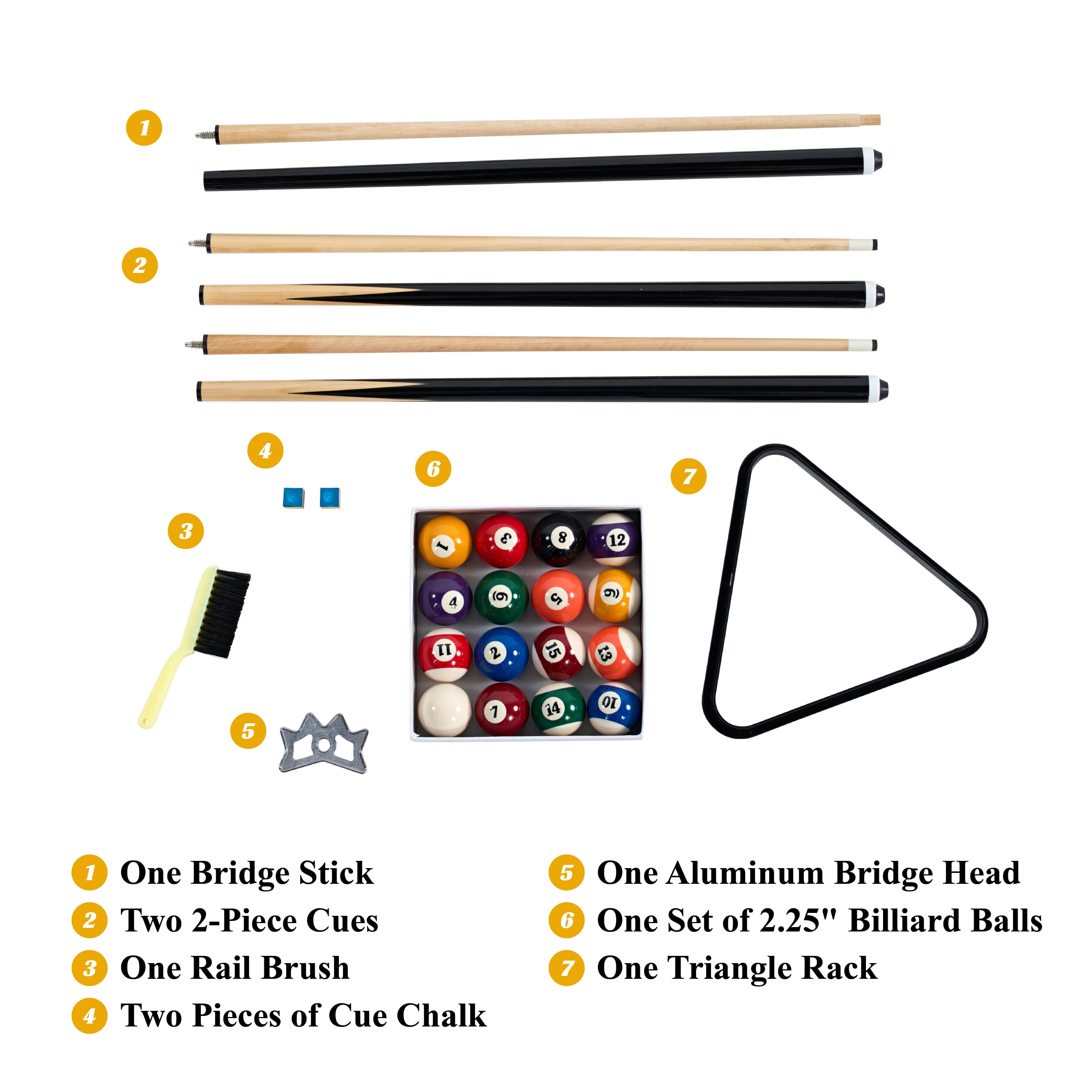 24-Piece Pool Table Kit with 57 Inch 2-Piece Cue Sticks, 16-Piece 2 1/4 Inch Ball Set, Rack, Bridge Stick, Brush, Chalk by Barrington Billiards