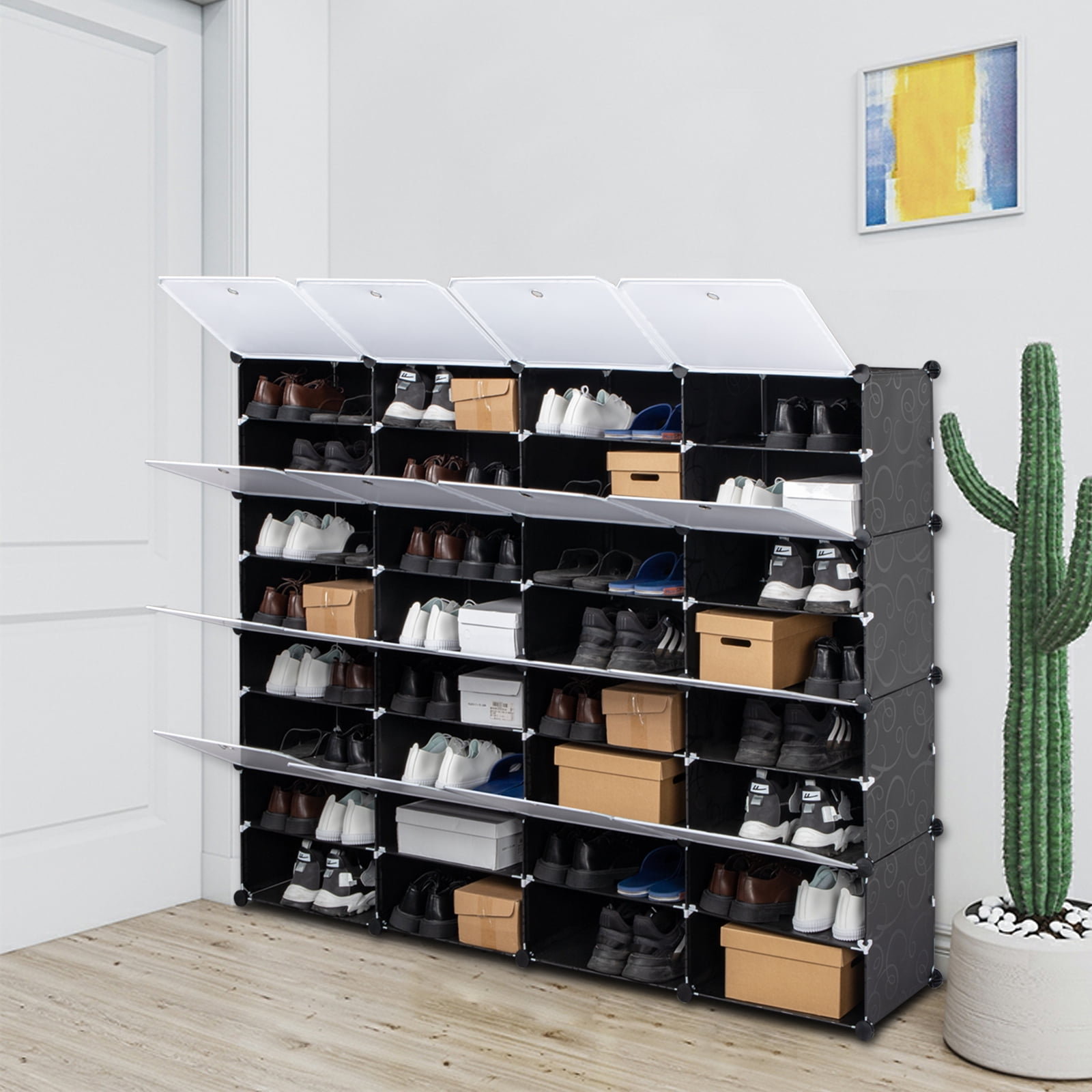 Hassch 8-Tier Portable 64 Pair Shoe Rack Organizer 32 Grids Tower Shelf Storage Cabinet Stand Expandable for Heels, Boots, Slippers, Black