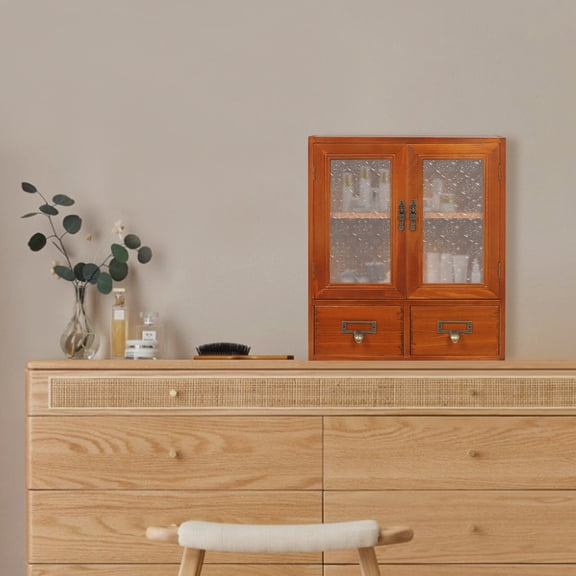 Wood Storage Cabinet, 2-tier Storage Cabinet with 2 drawers, Double Door Storage Used To Store Toys, Cups, Drinks, Shoes, Snacks, Books