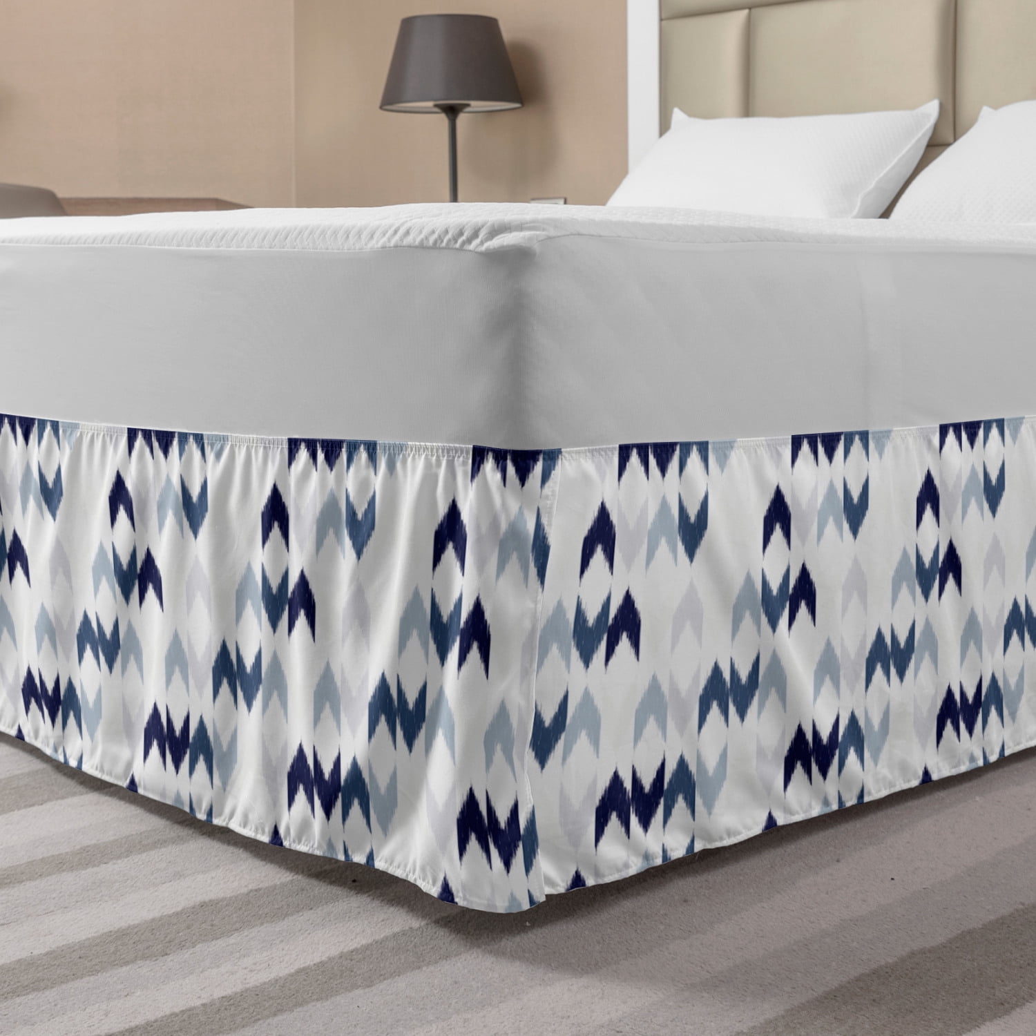 Navy Bed Skirt, Abstract Ikat Chevron Hazy Zigzag Folk Traditional