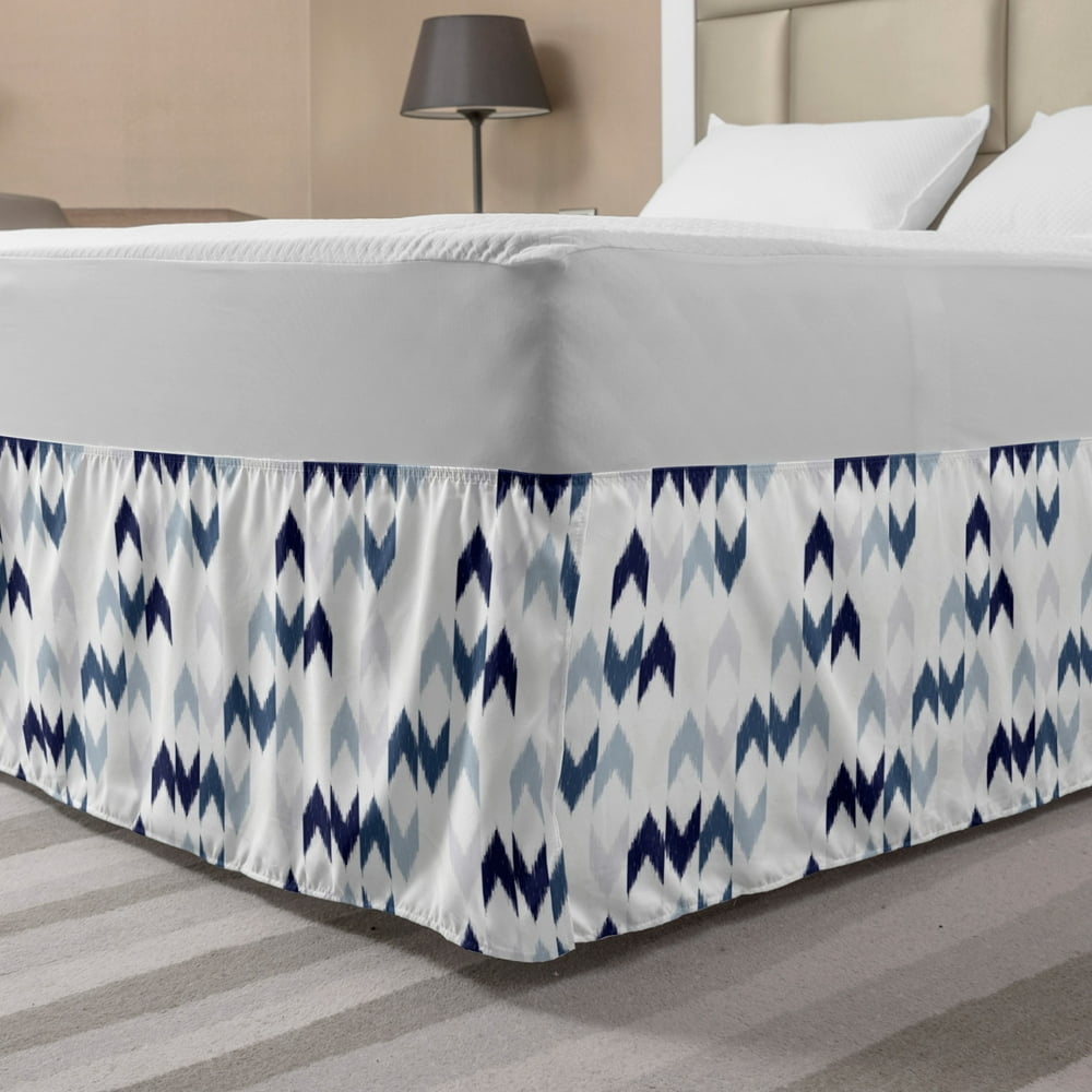 Navy Bed Skirt, Abstract Ikat Chevron Hazy Zigzag Folk Traditional