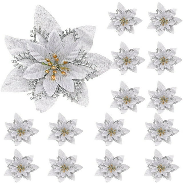 15 Pièces Paillettes Poinsettia Fleurs Artificielles Décorations Arbre Ornements Paillettes Rouges Or