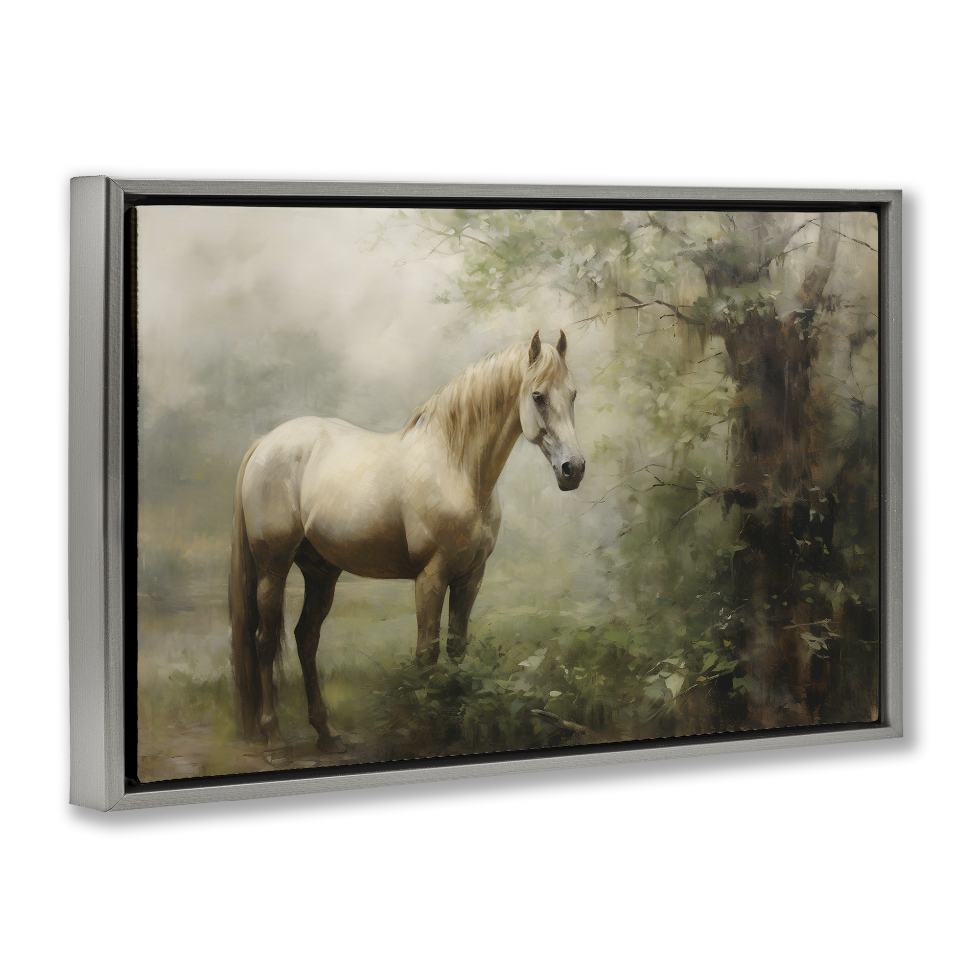 Stupell Industries Horse in Forest Woods Landscape Painting Gray Floater Framed Canvas Art Print Wall Art, 31 x 21