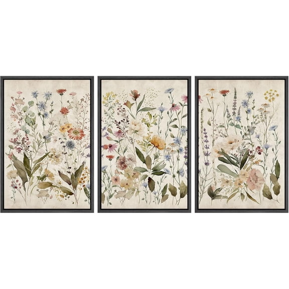 FCCUYE Framed Wall Art Print Set Vintage Wildflower Meadow with Colorful Blooms Illustrations Modern Art Boho Decorative Colorful Chic for Living Room, Bedroom, Office - 16"x24"x3 Natural