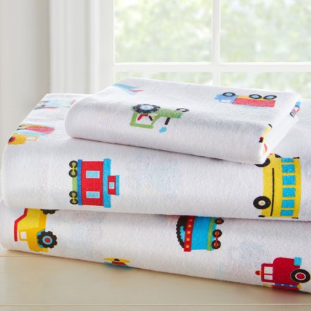 Wildkin Kids 100% Cotton Flannel Sheet Set for Boys and Girls - Toddler (Trains Planes & Trucks Blue)