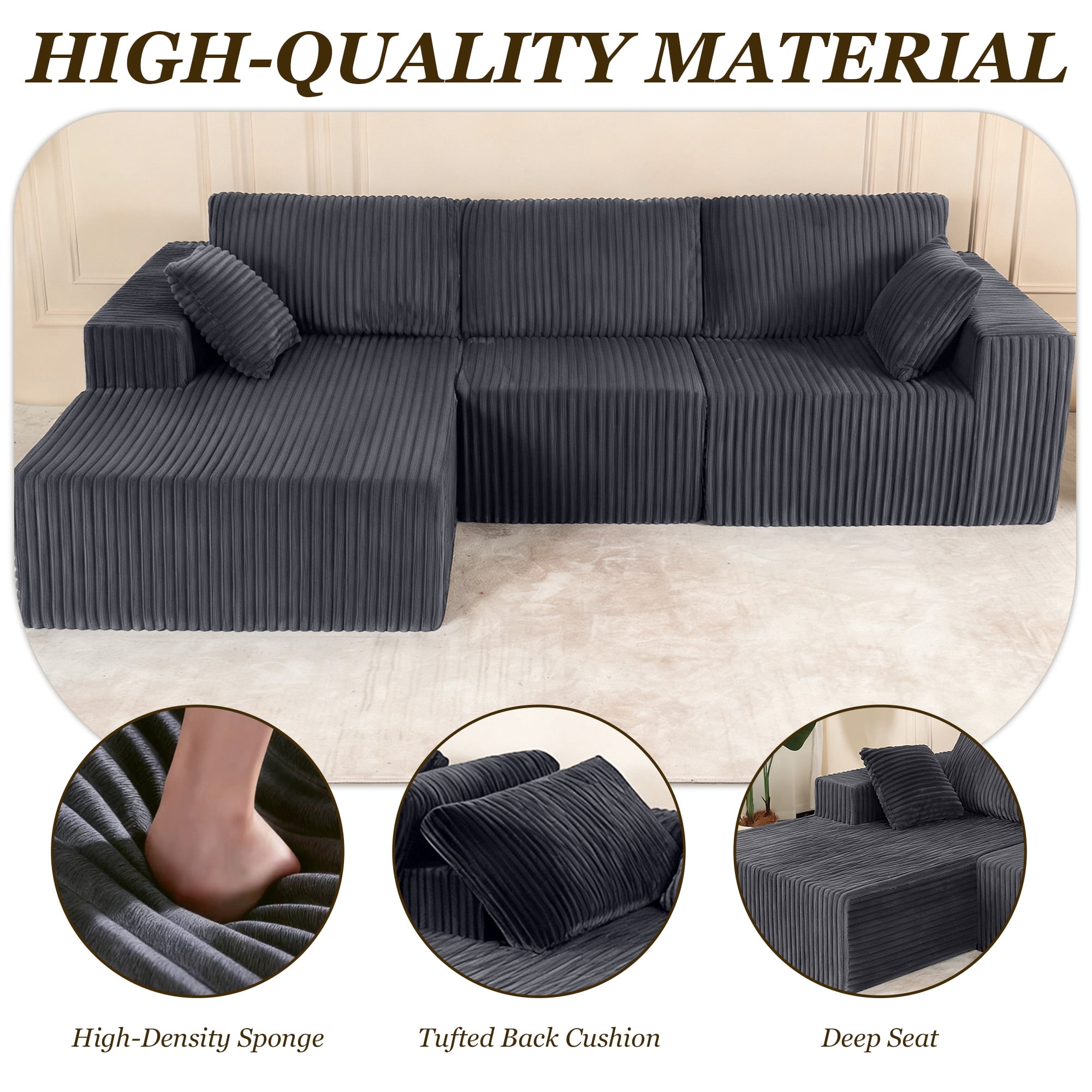 MOONMISS 110" Cloud Sectional Couch with L-Shape Chaise, Modern Modular Sofa with Deep Seat, Upholstered Couches with Back Cushion for Living Room Bedroom, No Assembly Required, Grey