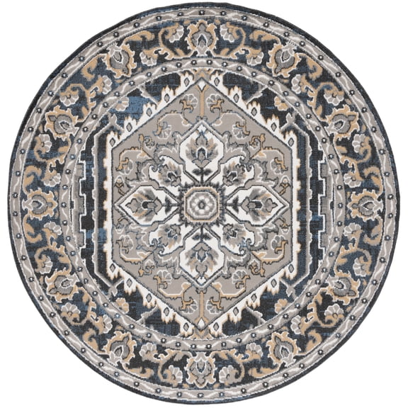 SAFAVIEH Pyramid Gladwyn Medallion Area Rug, Grey/Navy Gold, 6'7" x 6'7" Round