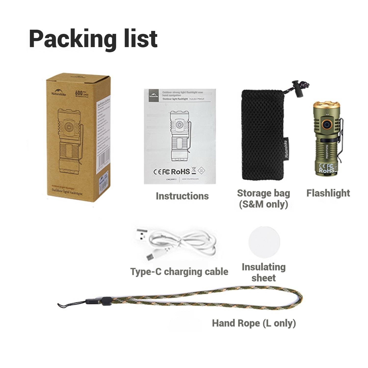Naturehike，USB Rechargeable Outdoor Flashlight, High Lumen Flashlight, Tactical Emergency Flashlight, Long Battery Life LED Flashlight, Three light modes, IP44 Waterproof