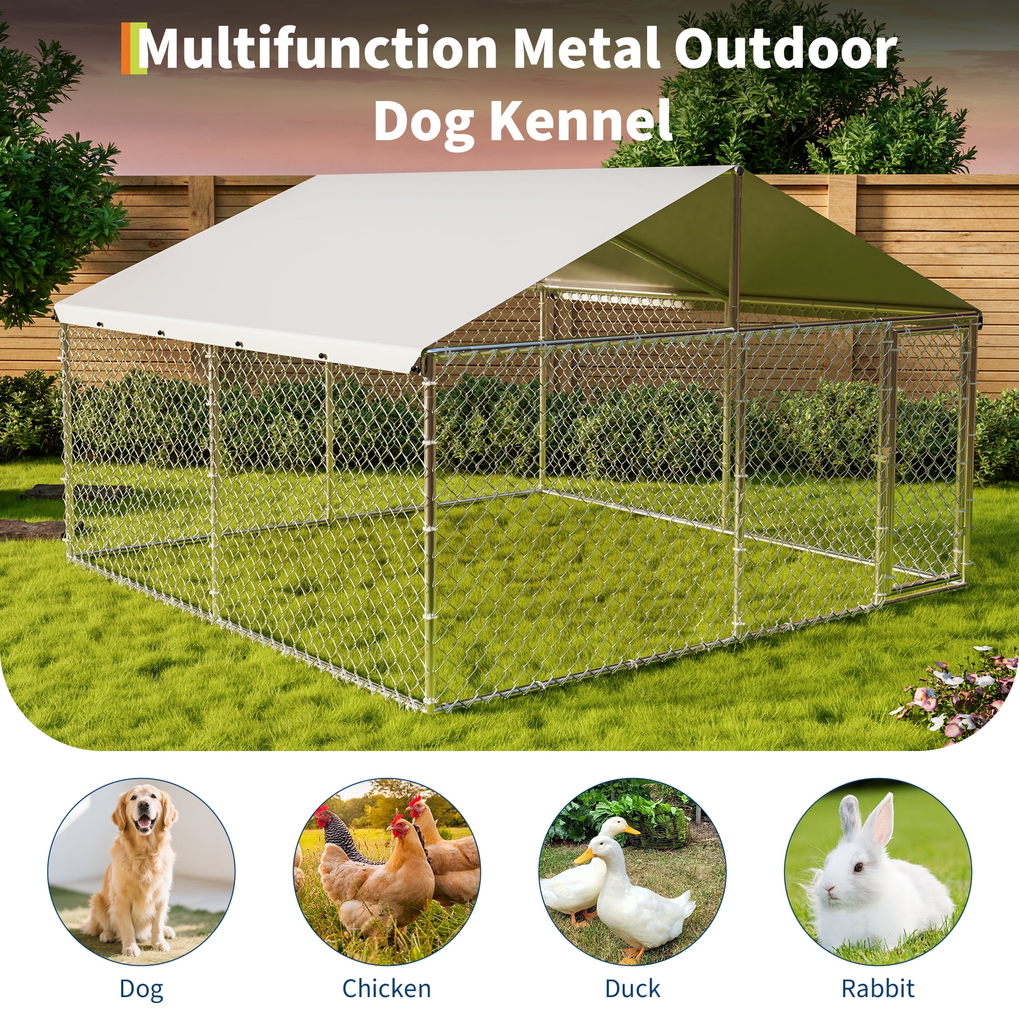 Large Outdoor Dog Kennel with Waterproof & UV-Resistant Cover, Galvanized Chain Link Dog Run, Heavy Duty Pet House Pet Playpen for Outside Backyard Farm Use, 10x10x6ft