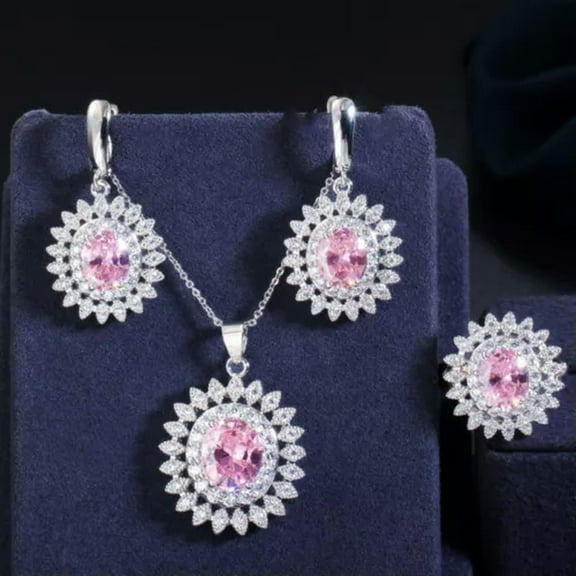 Yellow CZ Big Round Sun Flower Necklace Earrings Ring Silver Plated Jewelry Set