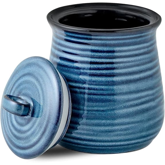 Tikooere 35oz Ceramic Airtight Food Storage Container, Vertical Ribbed Kitchen Canister with Seal Lid for Coffee, Tea, Sugar, Flour, blue