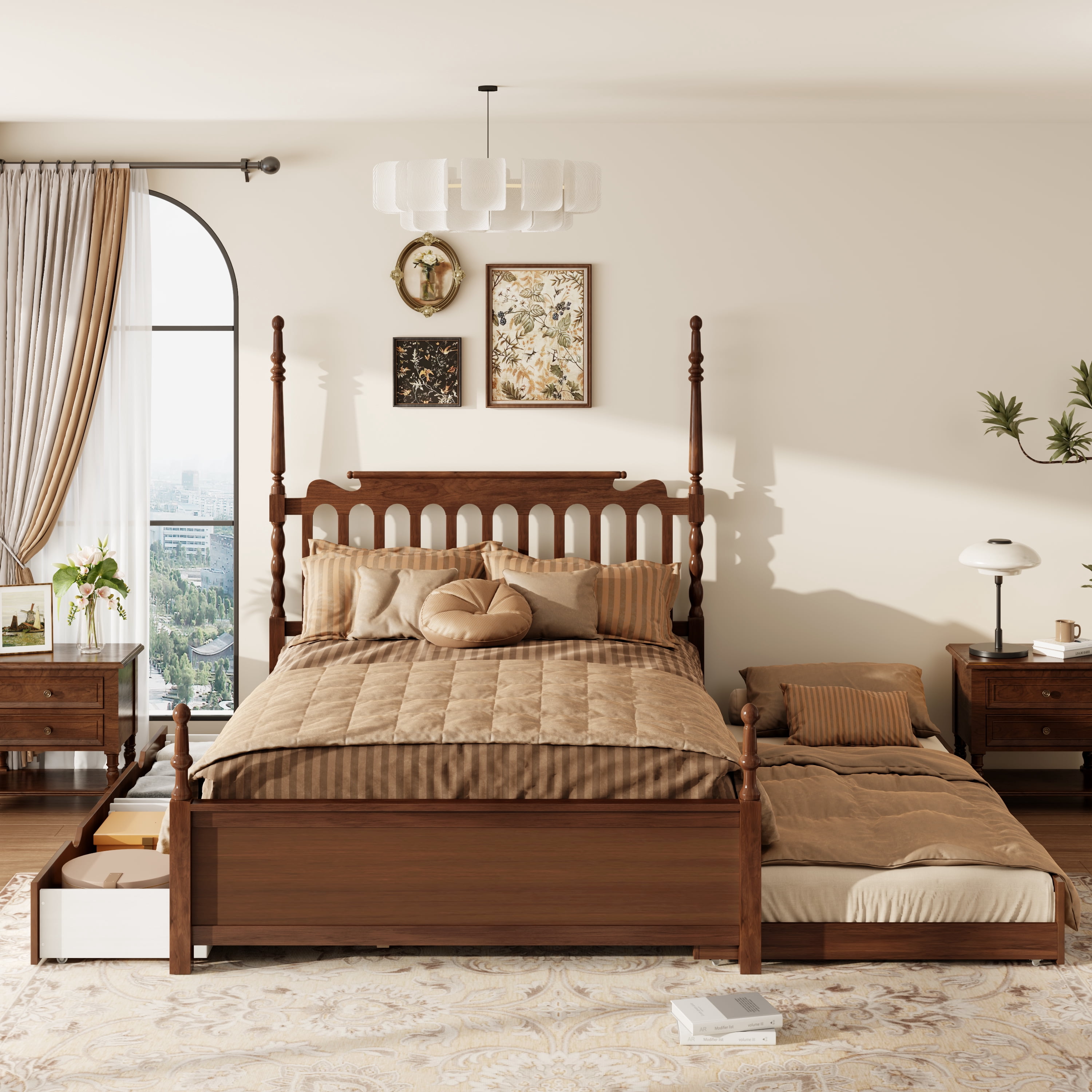 Mintazer Queen Size Bed Frame with Twin‑XL Trundle Bed & 2 Storage Drawers, Spindle Headboard Platform Bed for Bedroom, Walnut