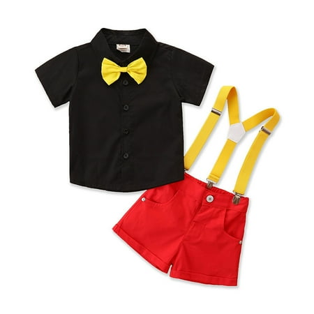 

Odeerbi Toddler Boys Gentleman Formal Dress Suit Summer Clothes Sets Short Sleeve Lapel Bowtie Shirts + Suspenders Short Pants Overalls Gentleman Outfits Black 4-5 Years