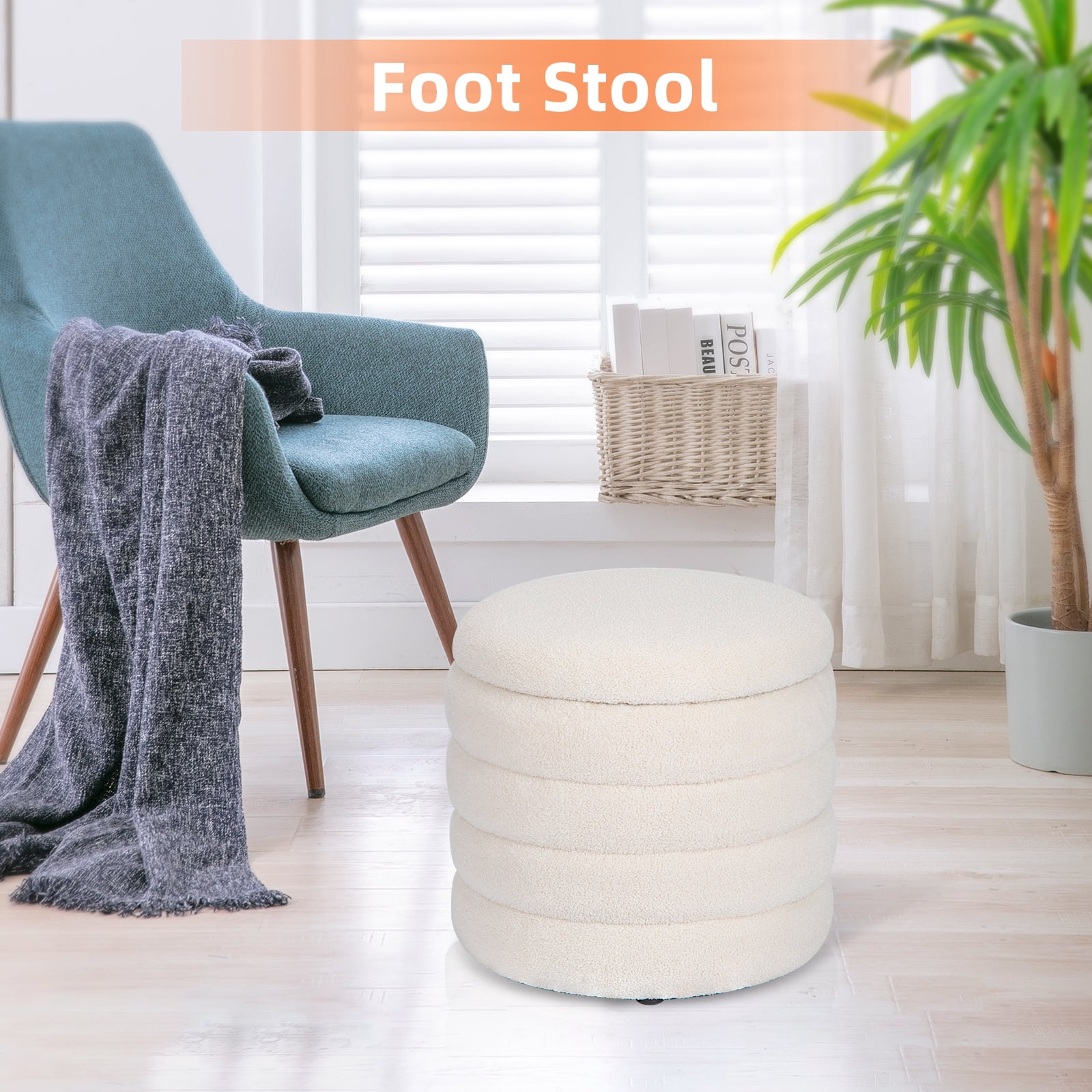 19" Round Storage Ottoman Sherpa Foot Rest Footstool Upholstered Storage Stool Seat White