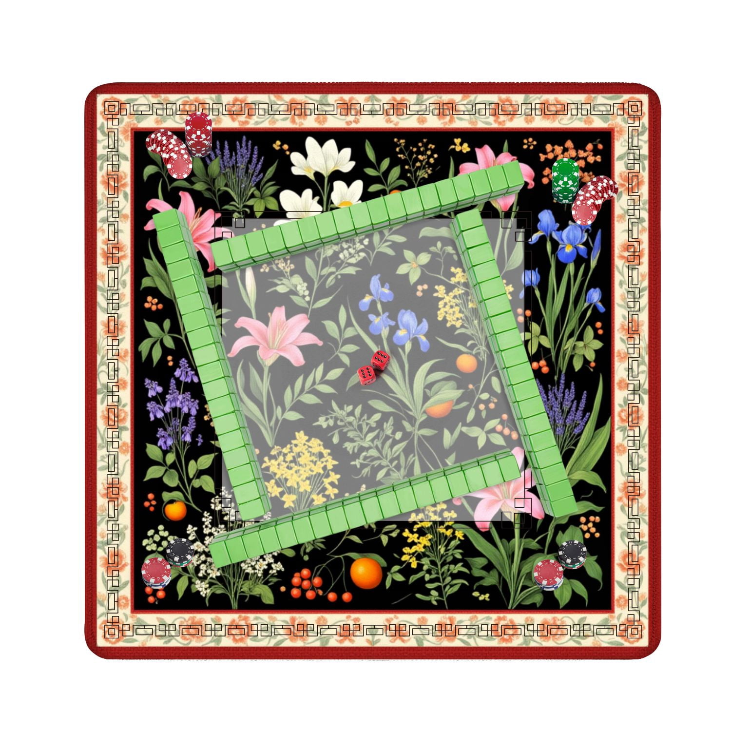 Mahjong Mat 31.5" x 31.5" Floral Pink Lilies Blue Irises White Yellow Flowers Black Non-Slip Noise Reduction American Mahjong Tiles Table Cover for Dominoes Poker Card Board Games Gift