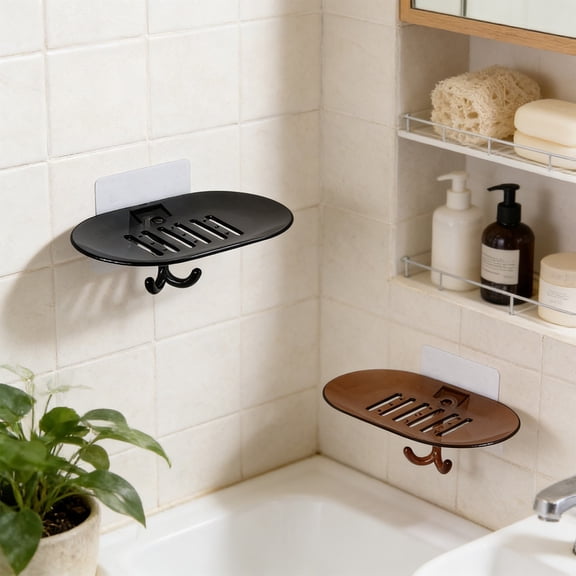 FEOLGEHLY No-Drill Wall-Mounted Soap Holder, Drainage Soap Box, Soap Dish with Hoos, Soap Containers for Bar Soap, Sturdy Durable Not Easily Deformed Bathroom Kitchen Laundry Room (Coffee)