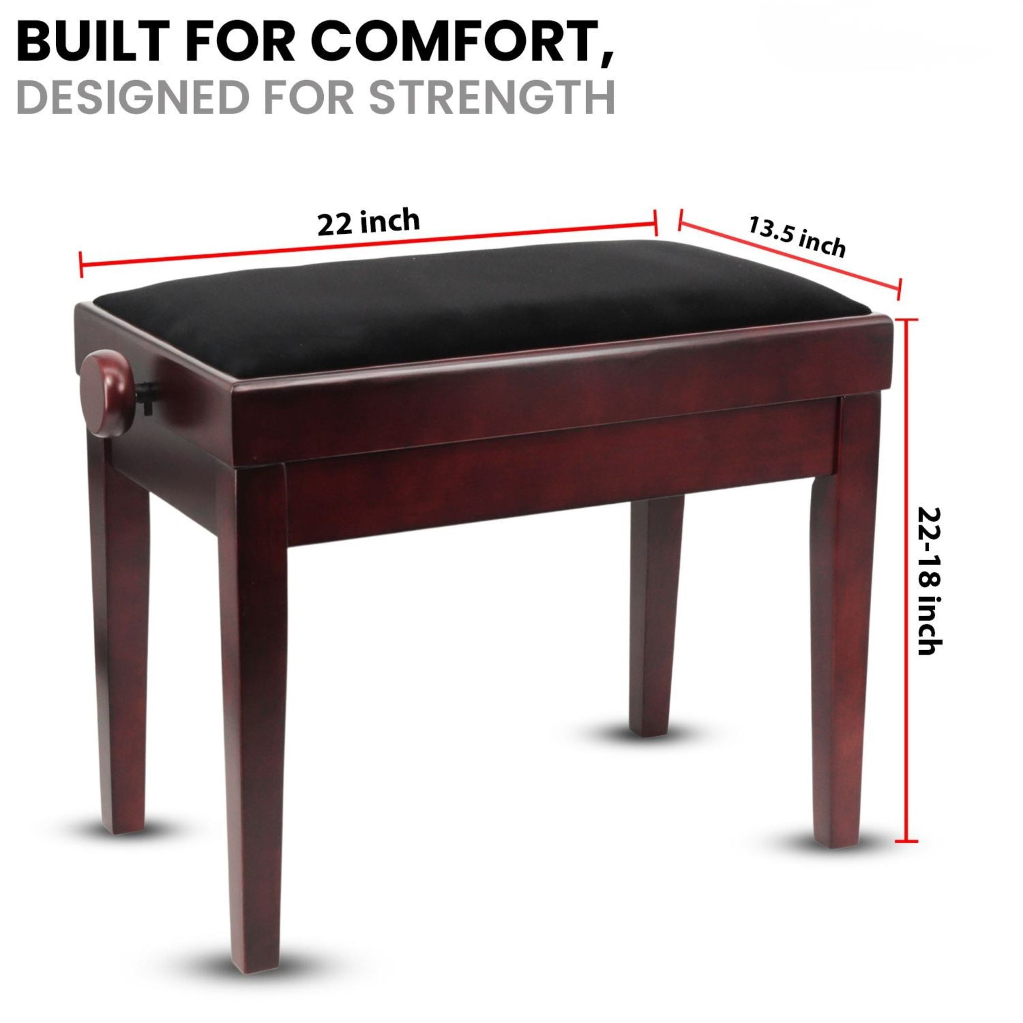 Adjustable Piano Bench - Padded Solid Wood Keyboard Stool (18"-22") - Brown